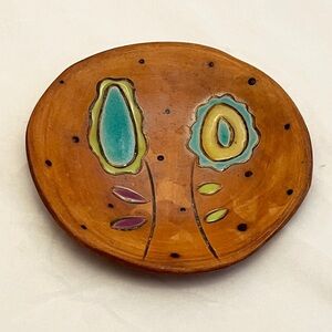 Terracotta Floral Trinket Dish, Signed Sarah On Back, EUC